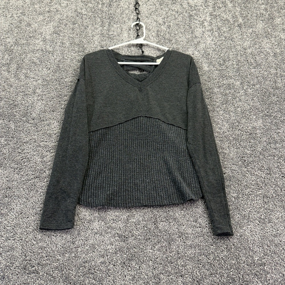Knox Rose Pullover Top Womens Small Gray Waffle Knit Lace Up Back V Neck Shirt